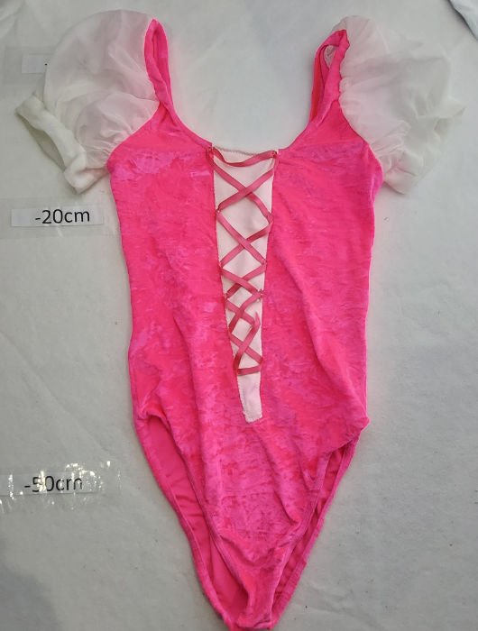 BRIGHT PINK VELOUR LEOTARD WITH CRISS CROSS LACED FRONT