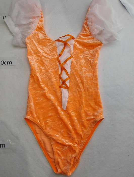 ORANGE VELOUR LEOTARD WITH CRISS CROSS LACED FRONT